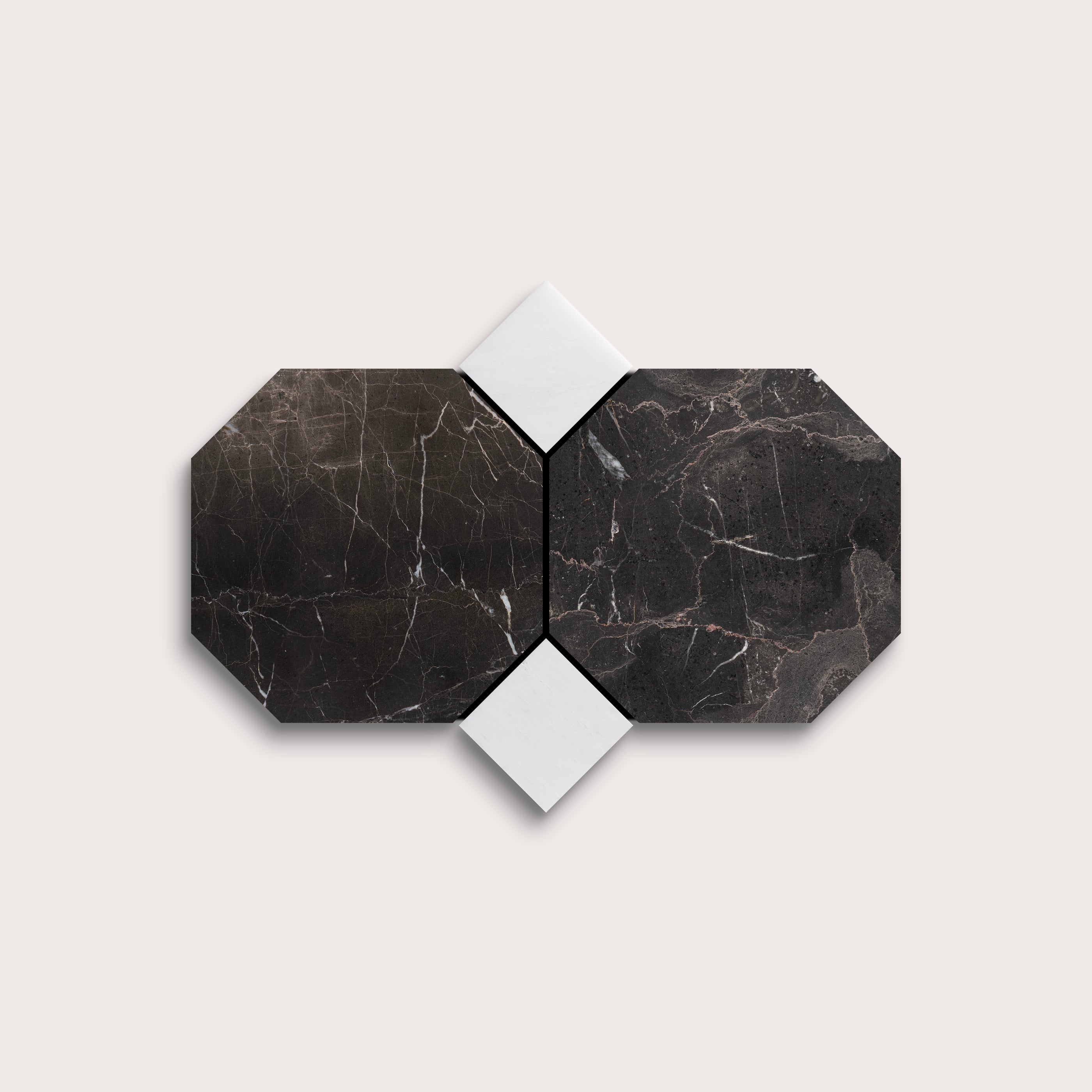 Black marble-patterned tiles on a light gray background