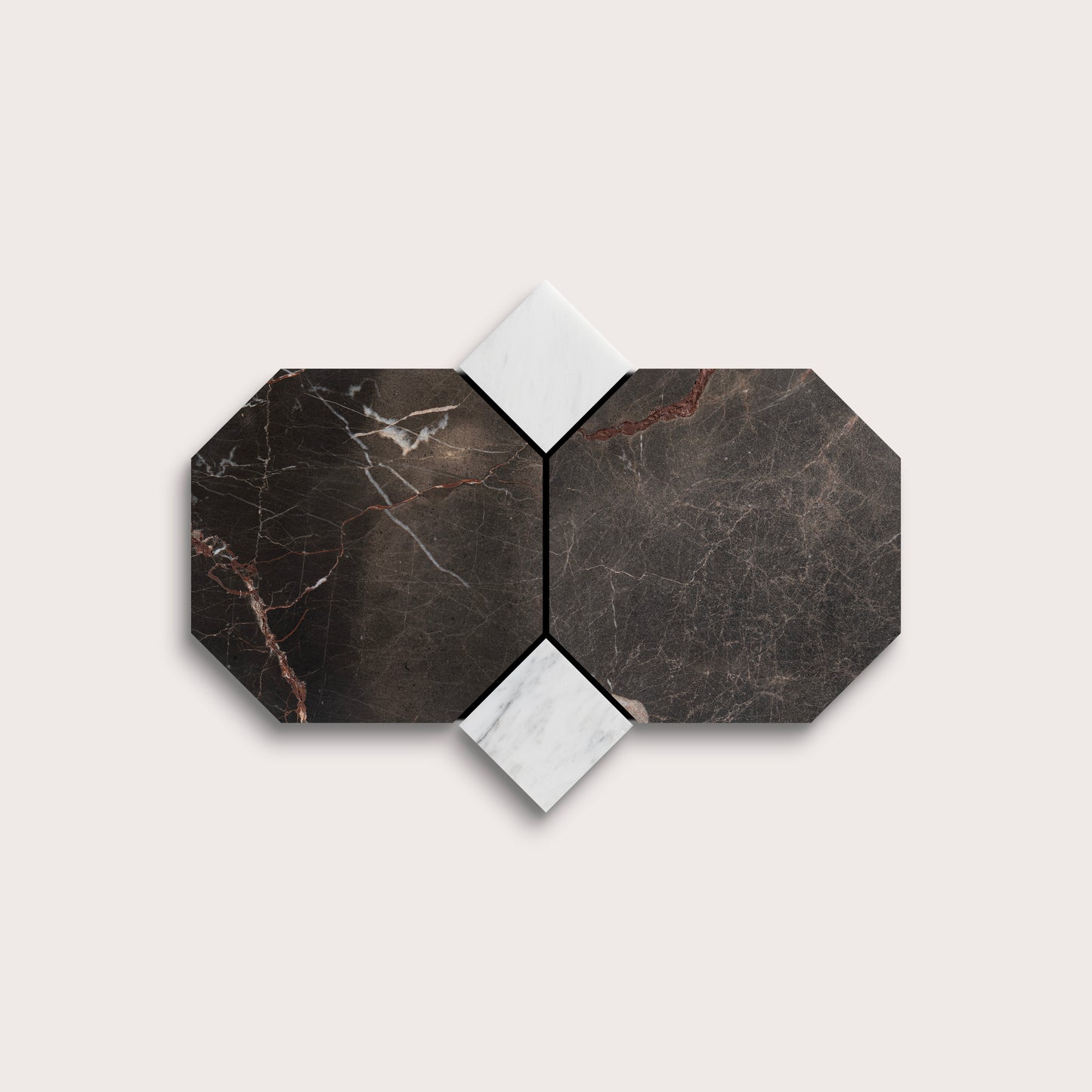 Hexagonal marble tiles with dark and white patterns on a light gray background