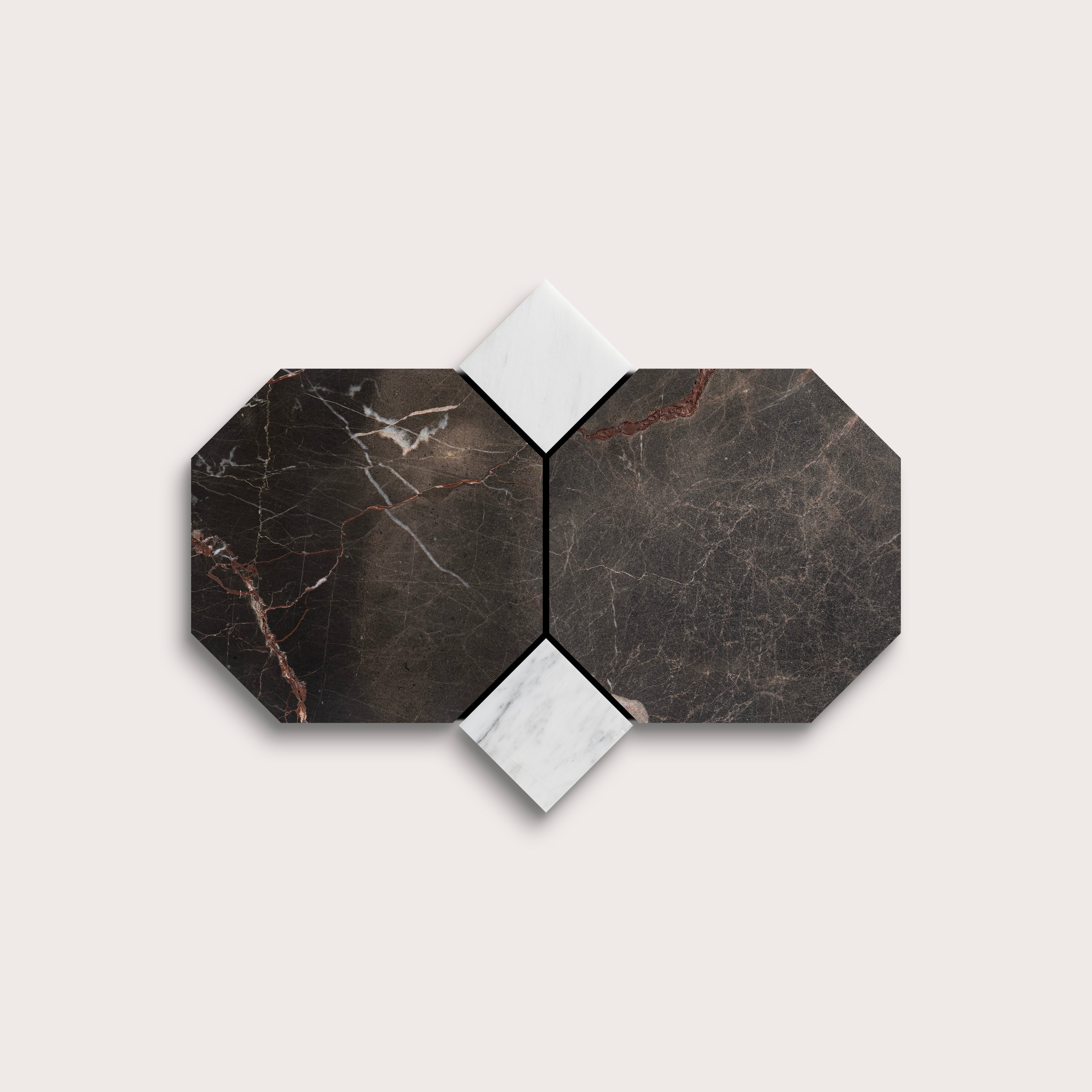 Hexagonal marble tiles with dark and white patterns on a light gray background