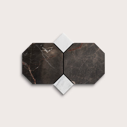 Hexagonal marble tiles with dark and white patterns on a light gray background