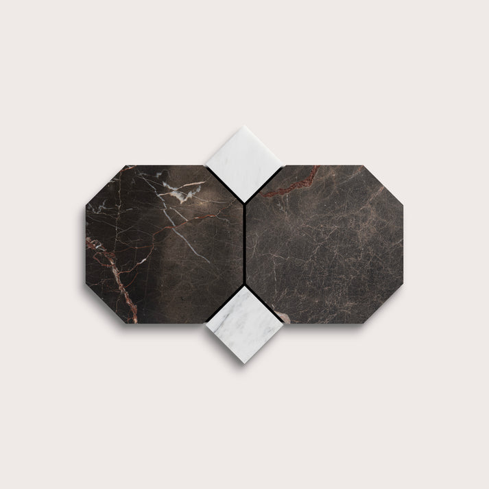 Hexagonal marble tiles with dark and white patterns on a light gray background