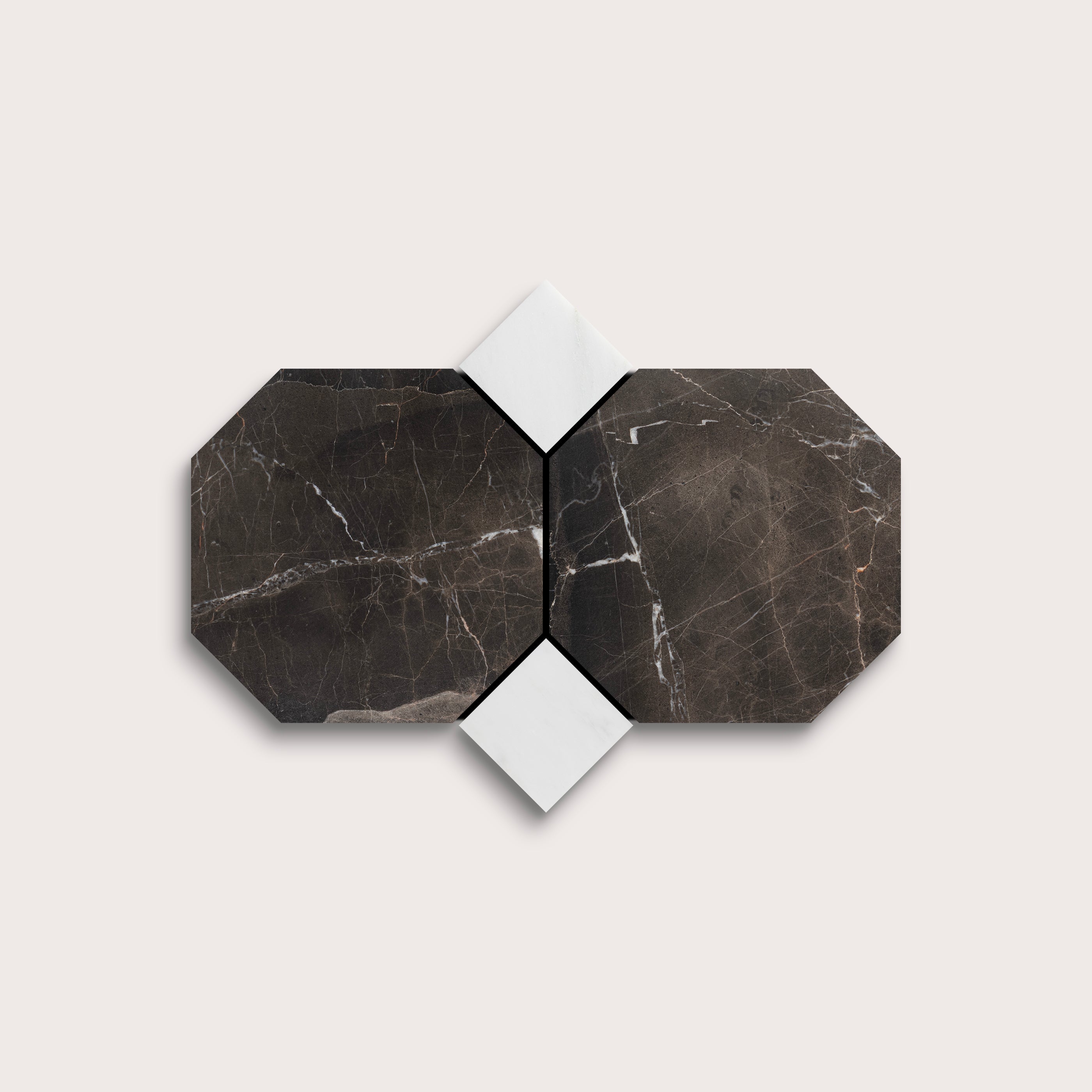 Two dark marble hexagonal tiles on a light gray background