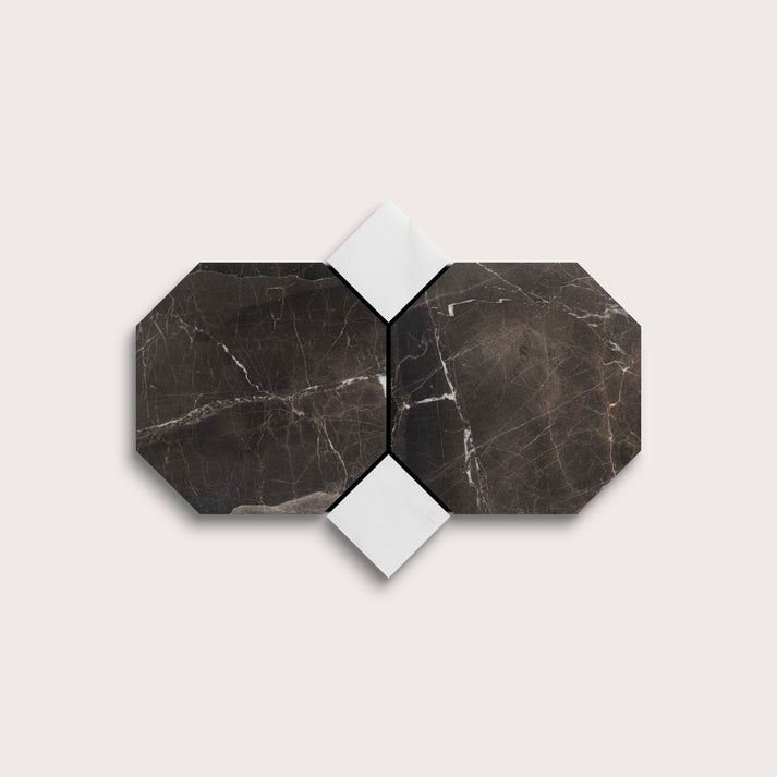 Two dark marble hexagonal tiles on a light gray background