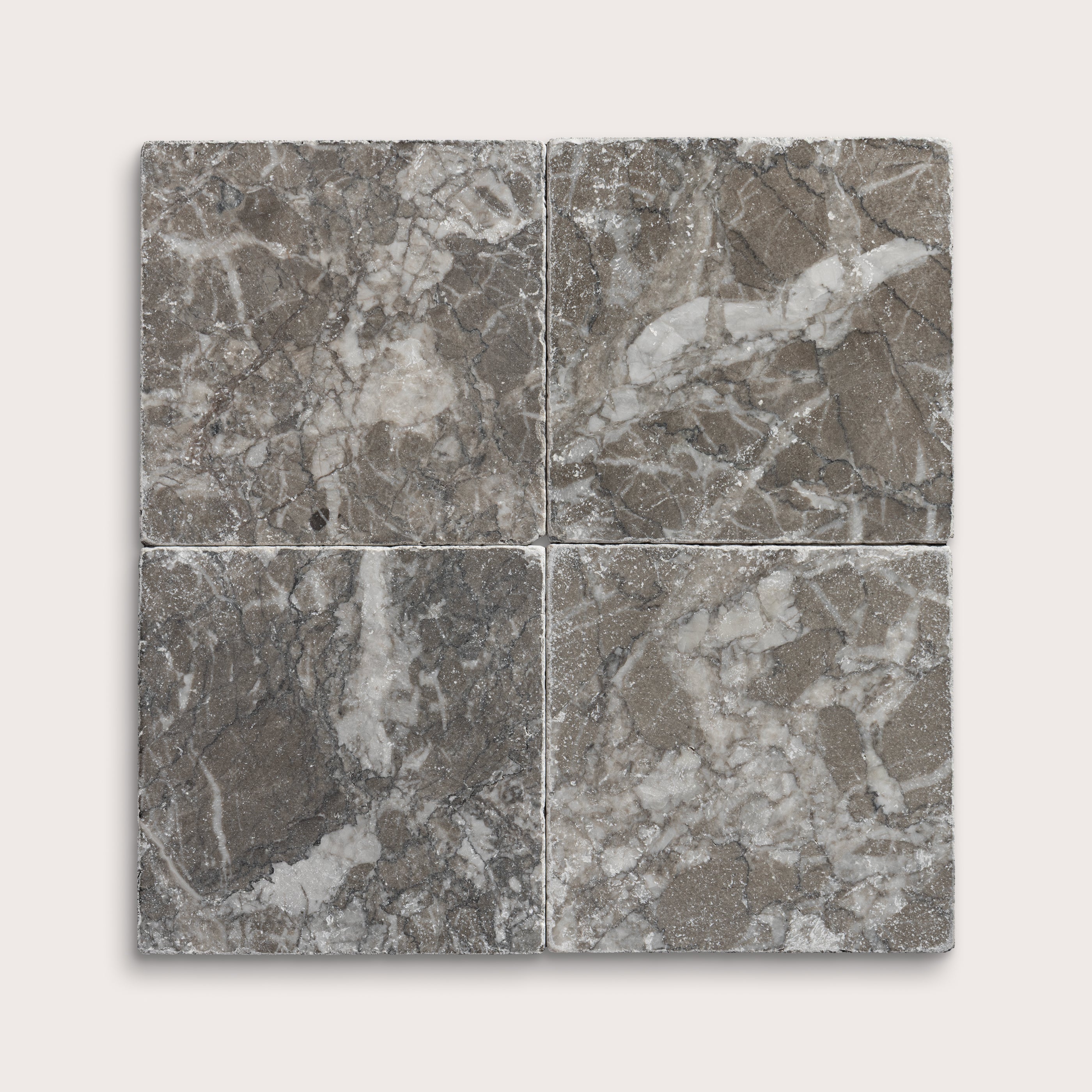 6x6 Square marble tile with a gray and white marbled pattern, collage of four - Riad Tile