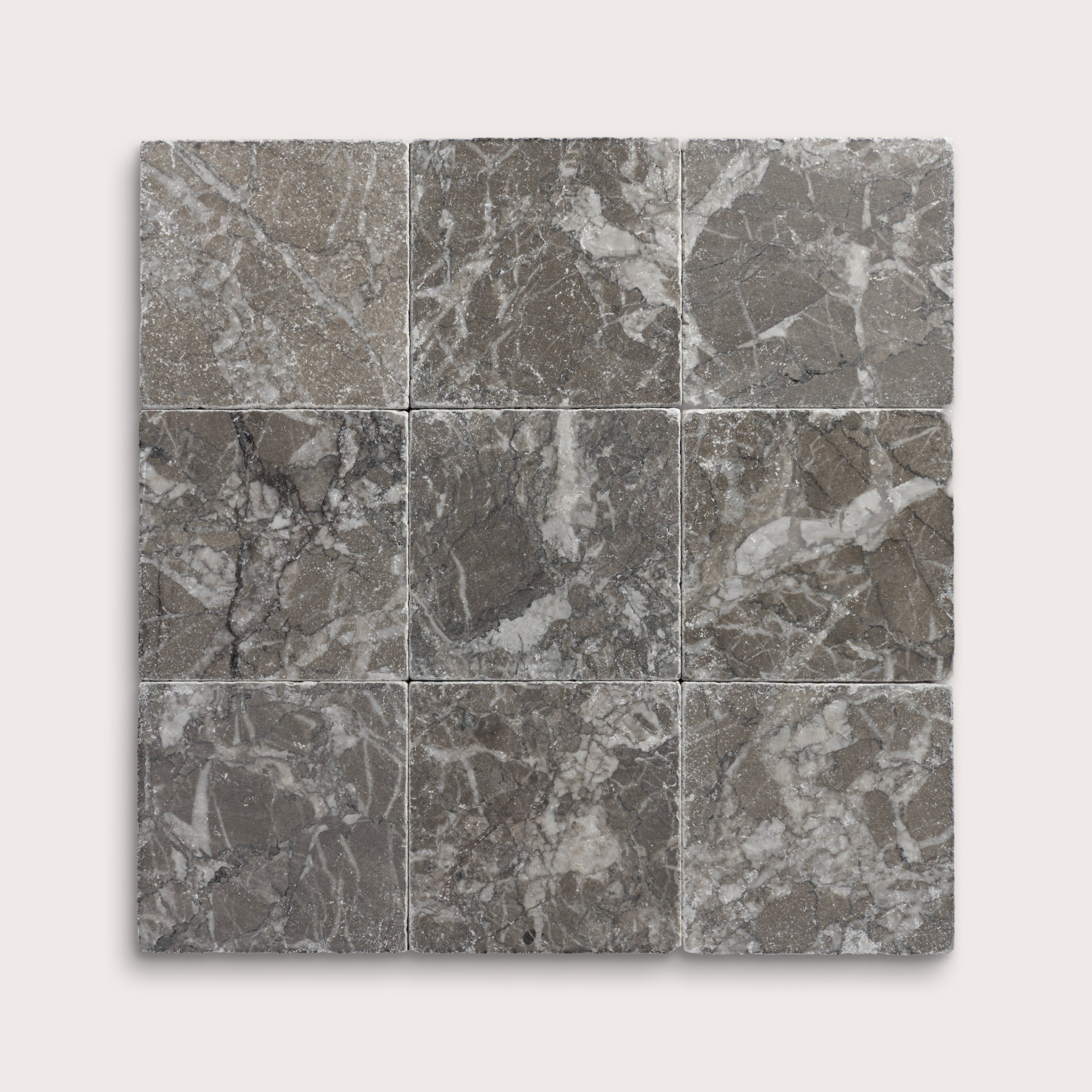 6x6 Square marble tile with a gray and white marbled pattern, collage of nine - Riad Tile
