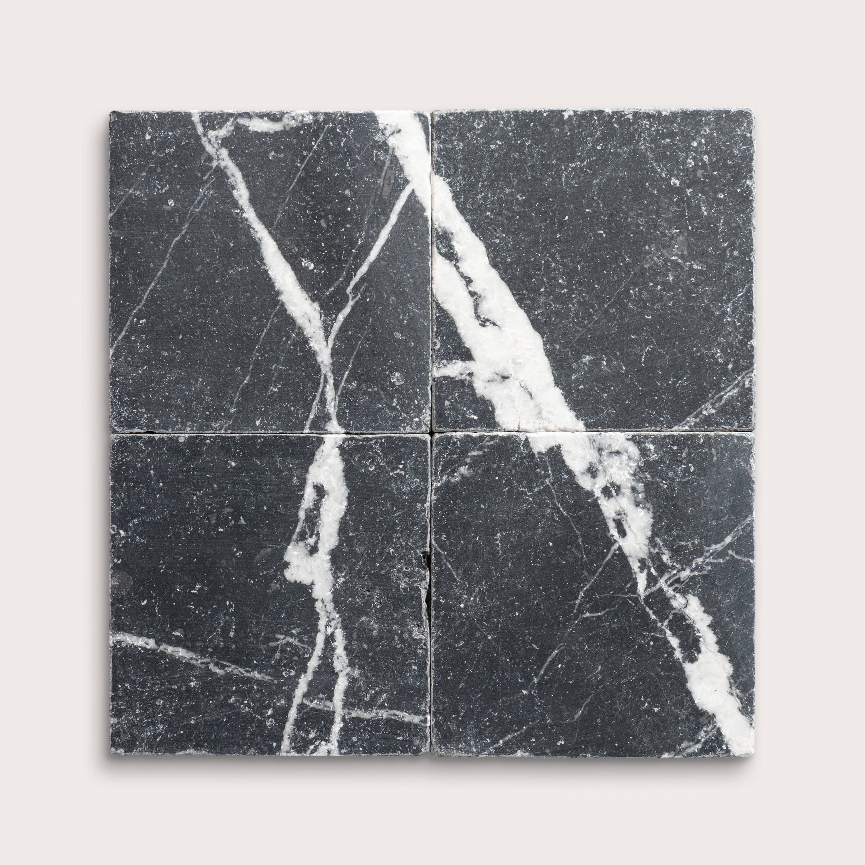 6x6 Square marble tile with black and white pattern, collage of four - Riad Tile
