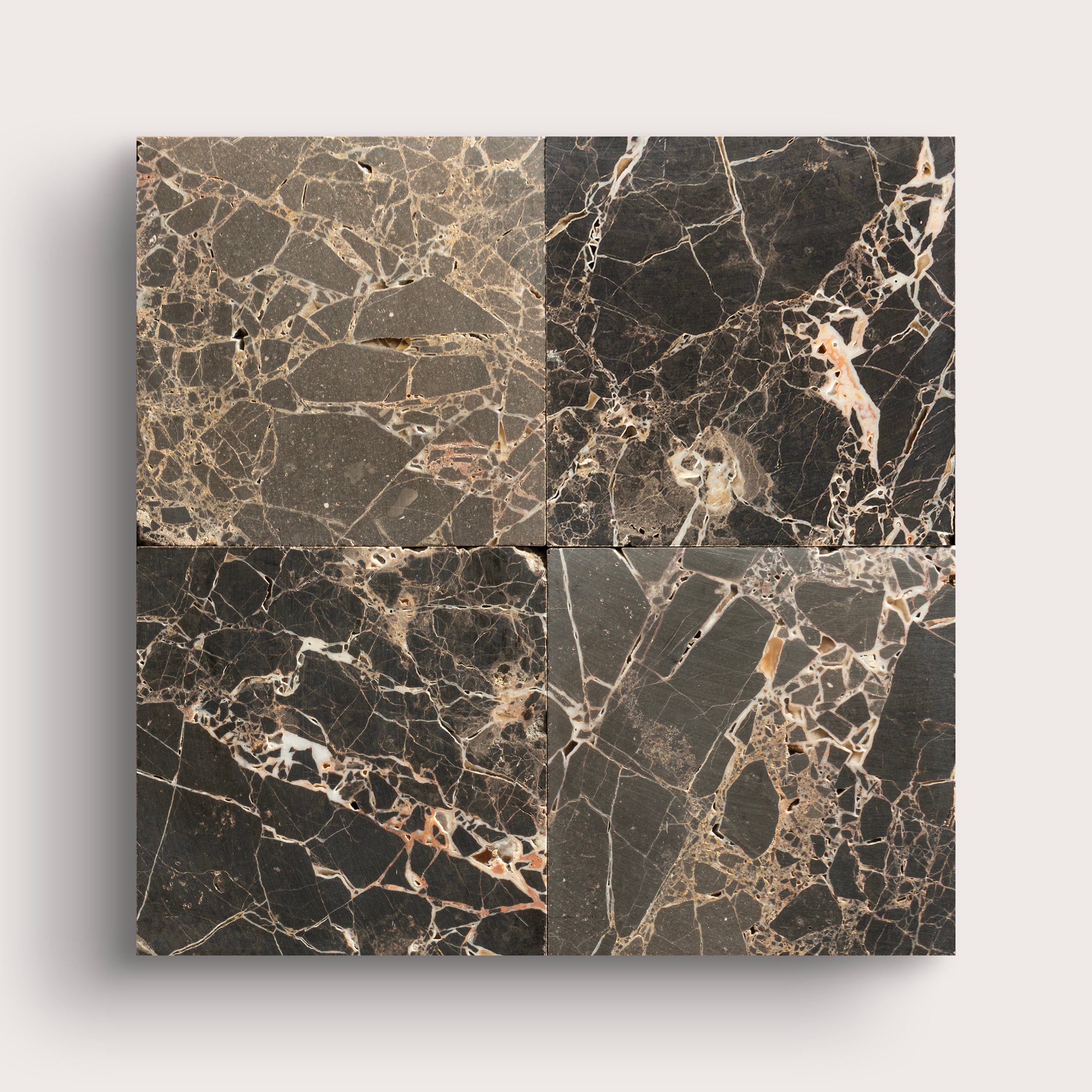 6x6 Marble Square tile with brown marble pattern, collage of four - Riad Tile
