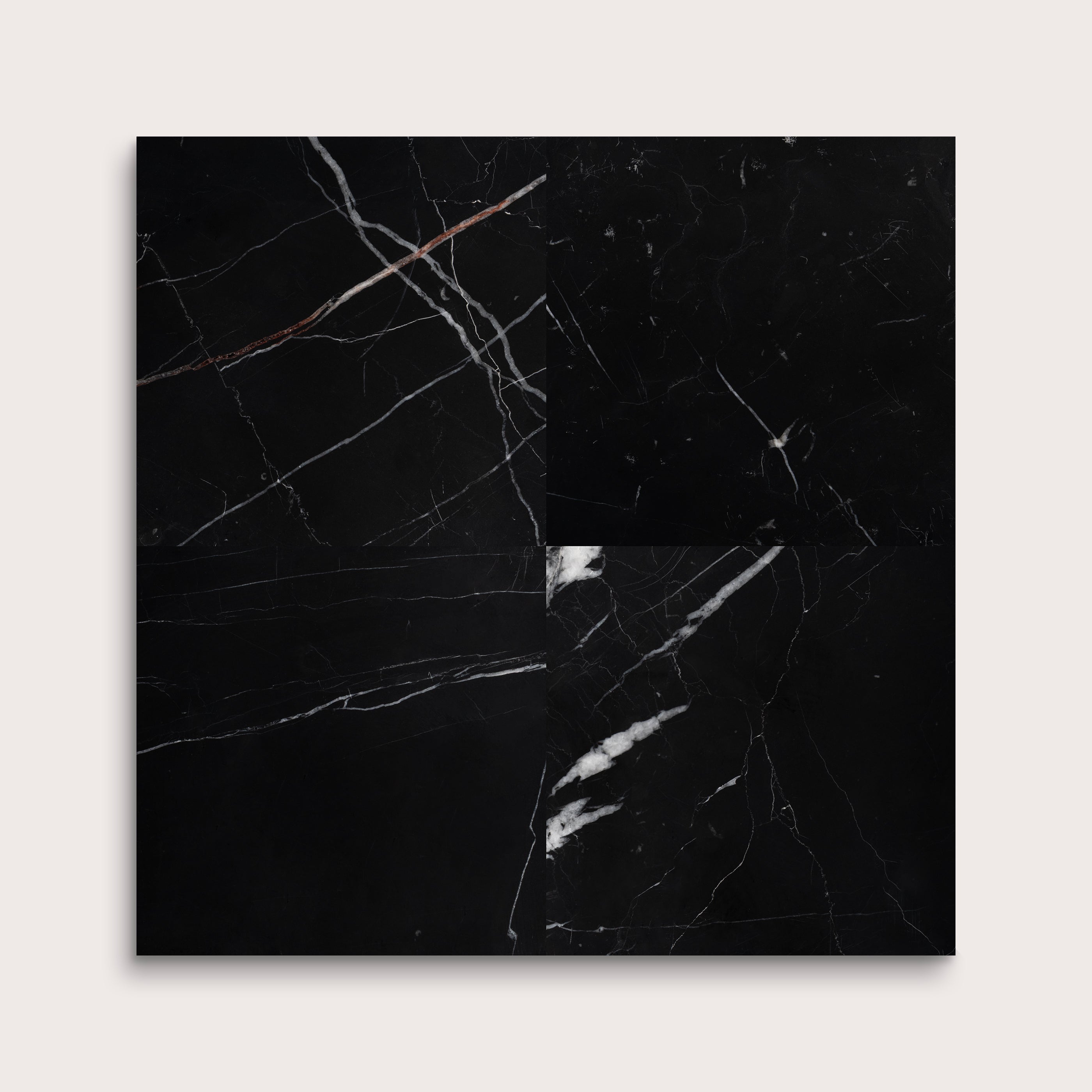 Black marble tile with white veins, Nero Marquina, honed, 6x6, collage of four - Riad Tile