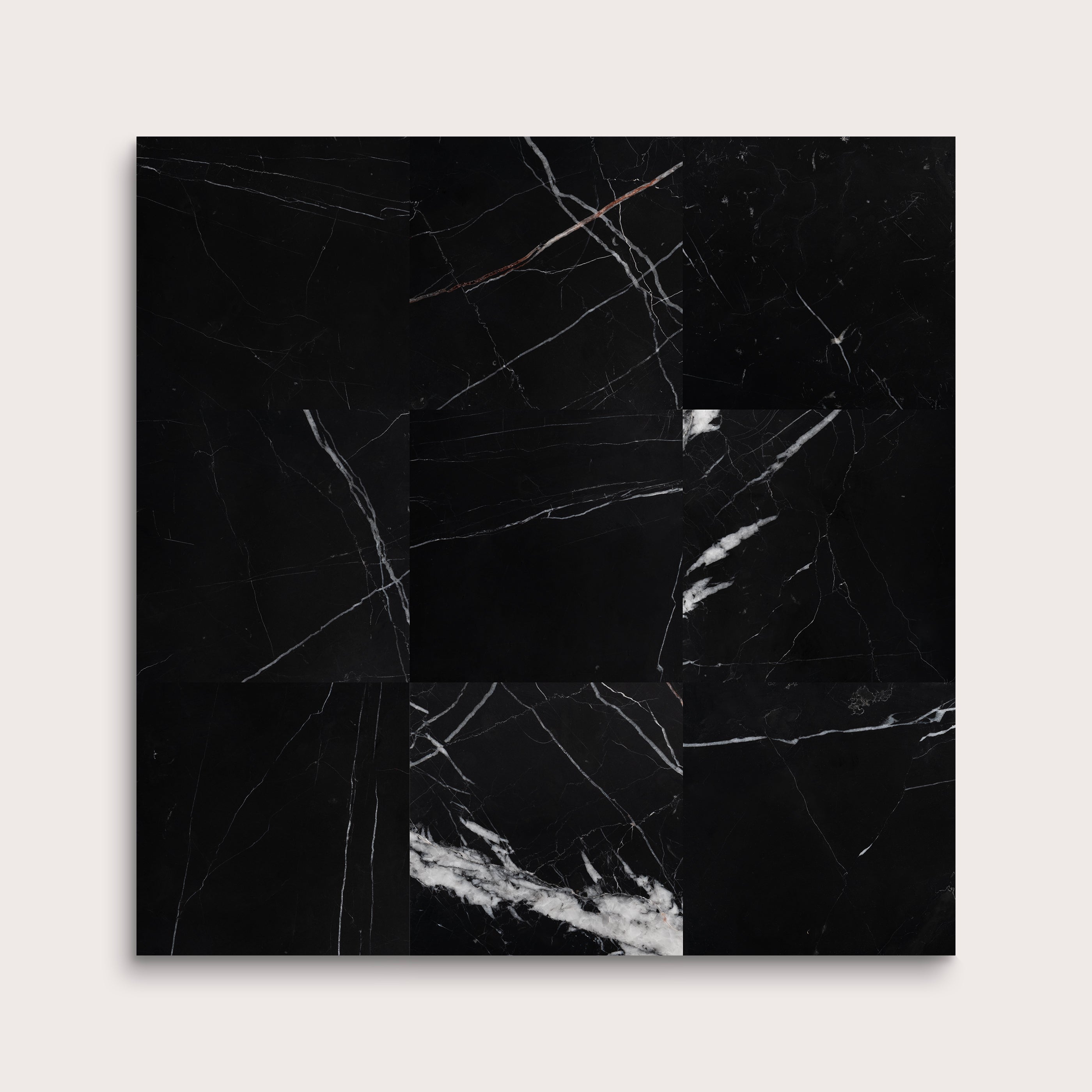 Black marble tile with white veins, Nero Marquina, honed, 6x6, collage of nine - Riad Tile