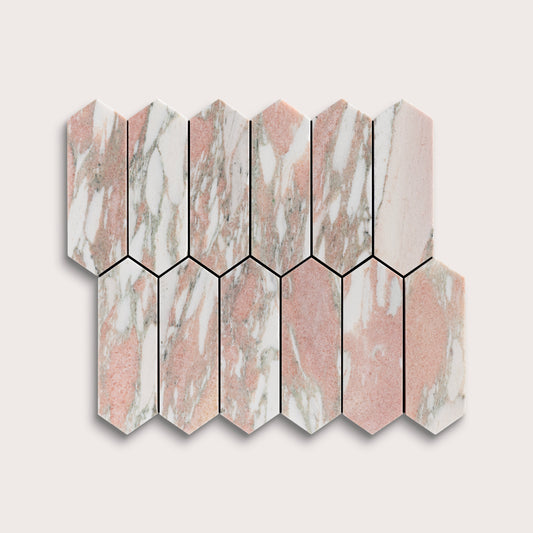 Hexagonal marble tiles with a pink and white pattern on a light gray background