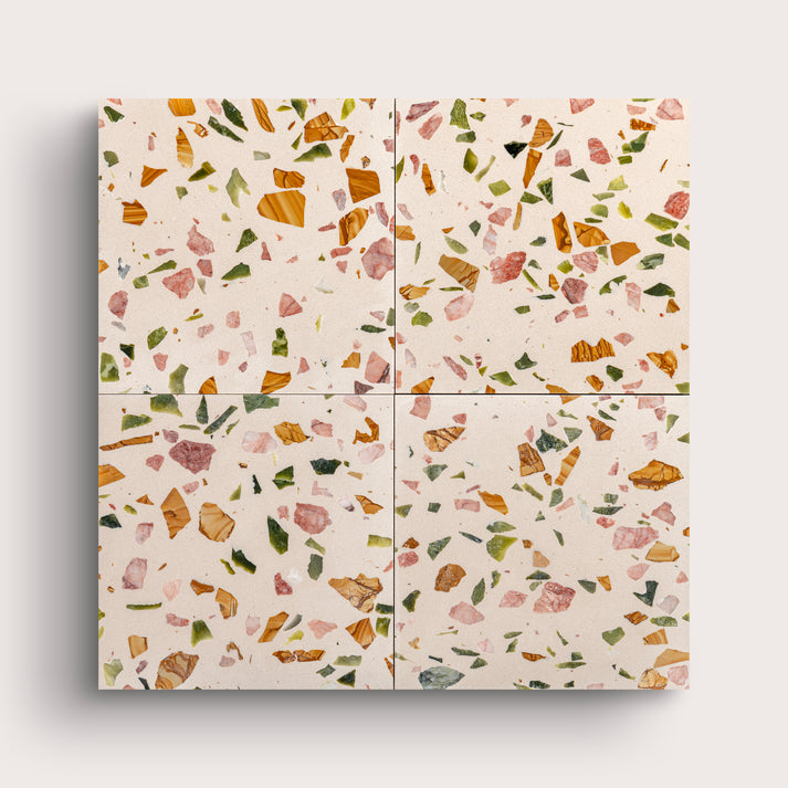 Terrazzo 6x6 Square tile, pattern, ivory and green, collage of four - Riad Tile
