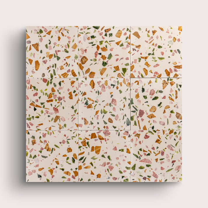 Terrazzo 6x6 Square tile, pattern, ivory and green, collage of nine - Riad Tile