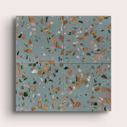 Marzipan 6x6 Terrazzo Tile- Blue Terrazzo, collage of four-Riad Tile