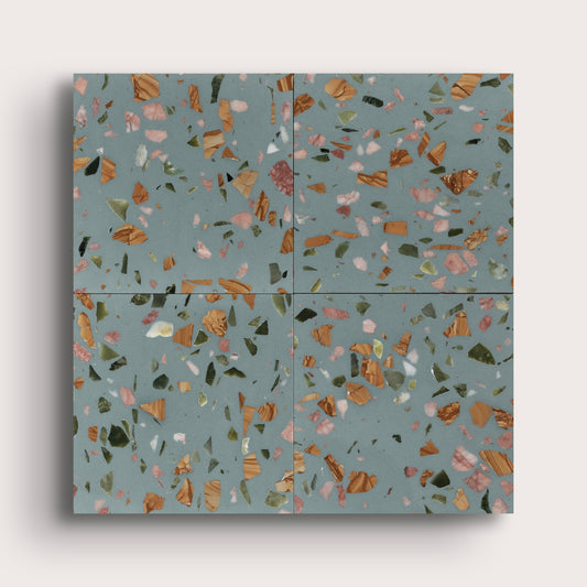 Marzipan 6x6 Terrazzo Tile- Blue Terrazzo, collage of four-Riad Tile