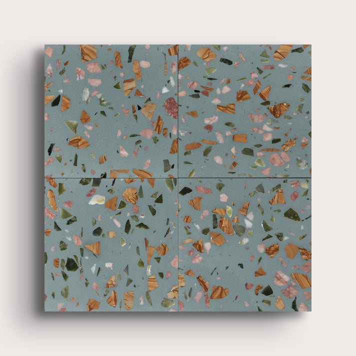 Marzipan 6x6 Terrazzo Tile- Blue Terrazzo, collage of four-Riad Tile