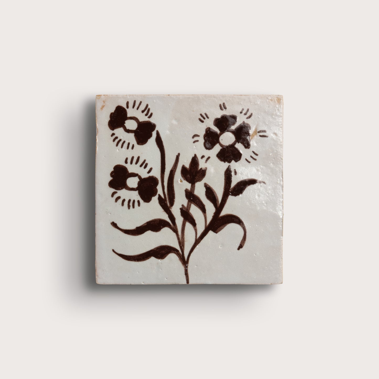 square zellige tile, featuring a dark brown floral motif on a warm off-white background, photographed against a light neutral wall.