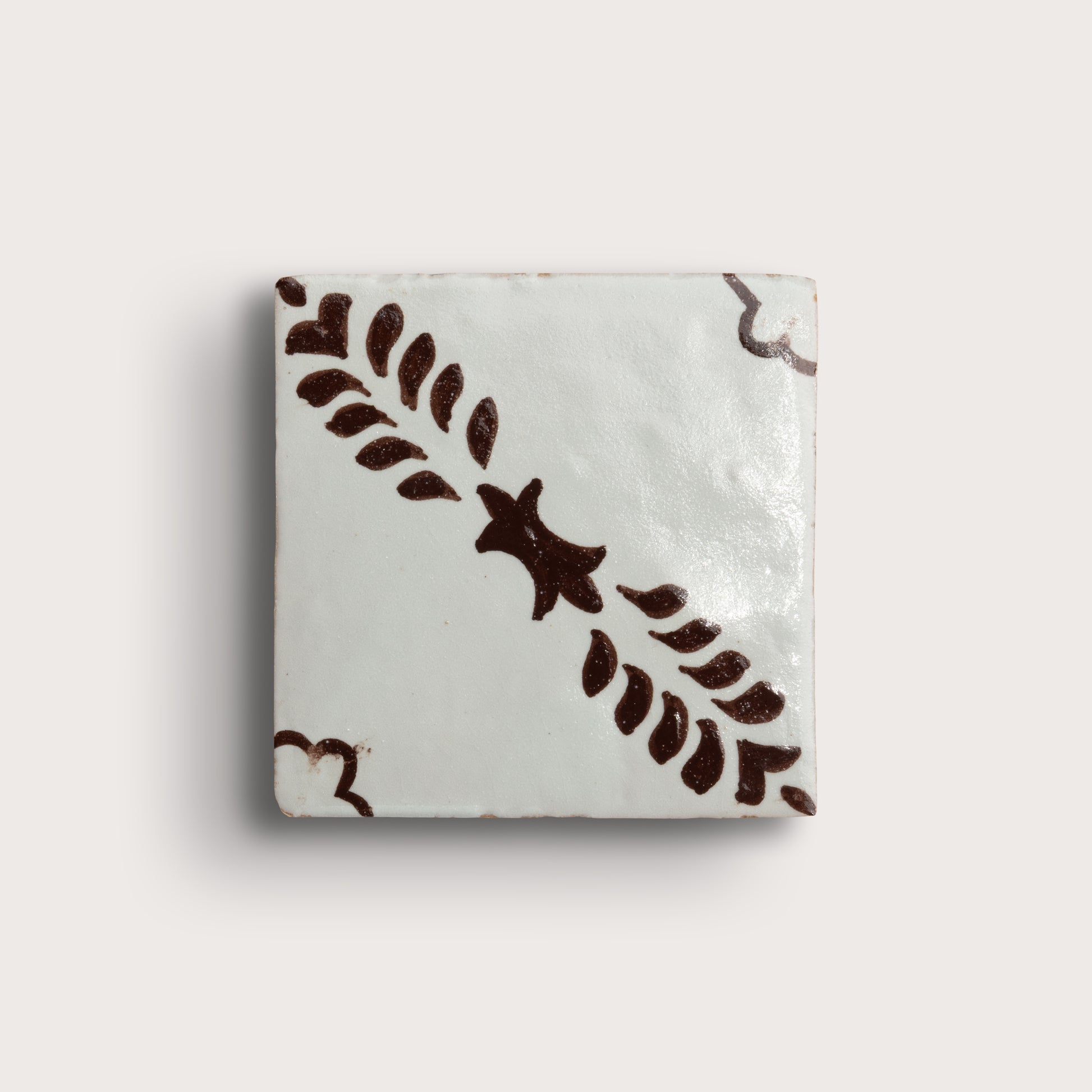 square zellige tile, featuring a glossy off-white glaze with a dark brown hand-painted botanical pattern of leafy stems and star-like motifs.