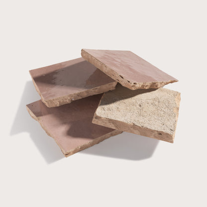 pink square zellige tile stacked on a light gray background
