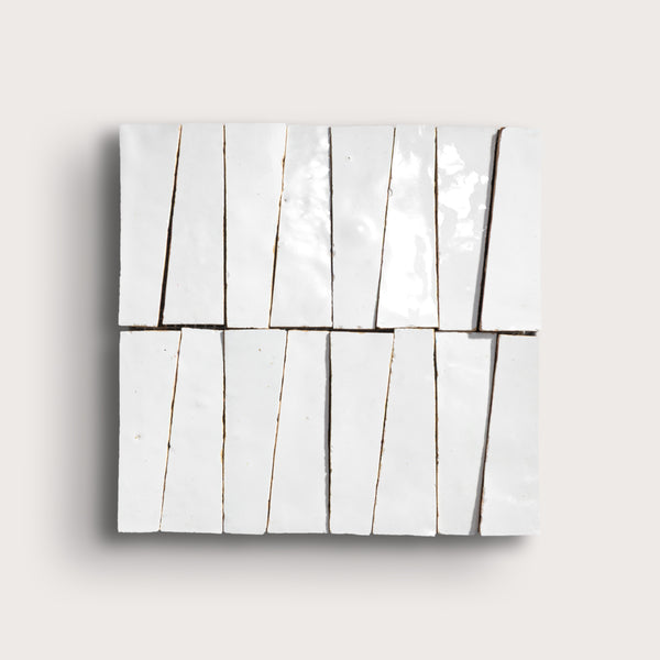 Bright White 1x4 Trapezoid Mosaic Zellige Tile | Riad Tile