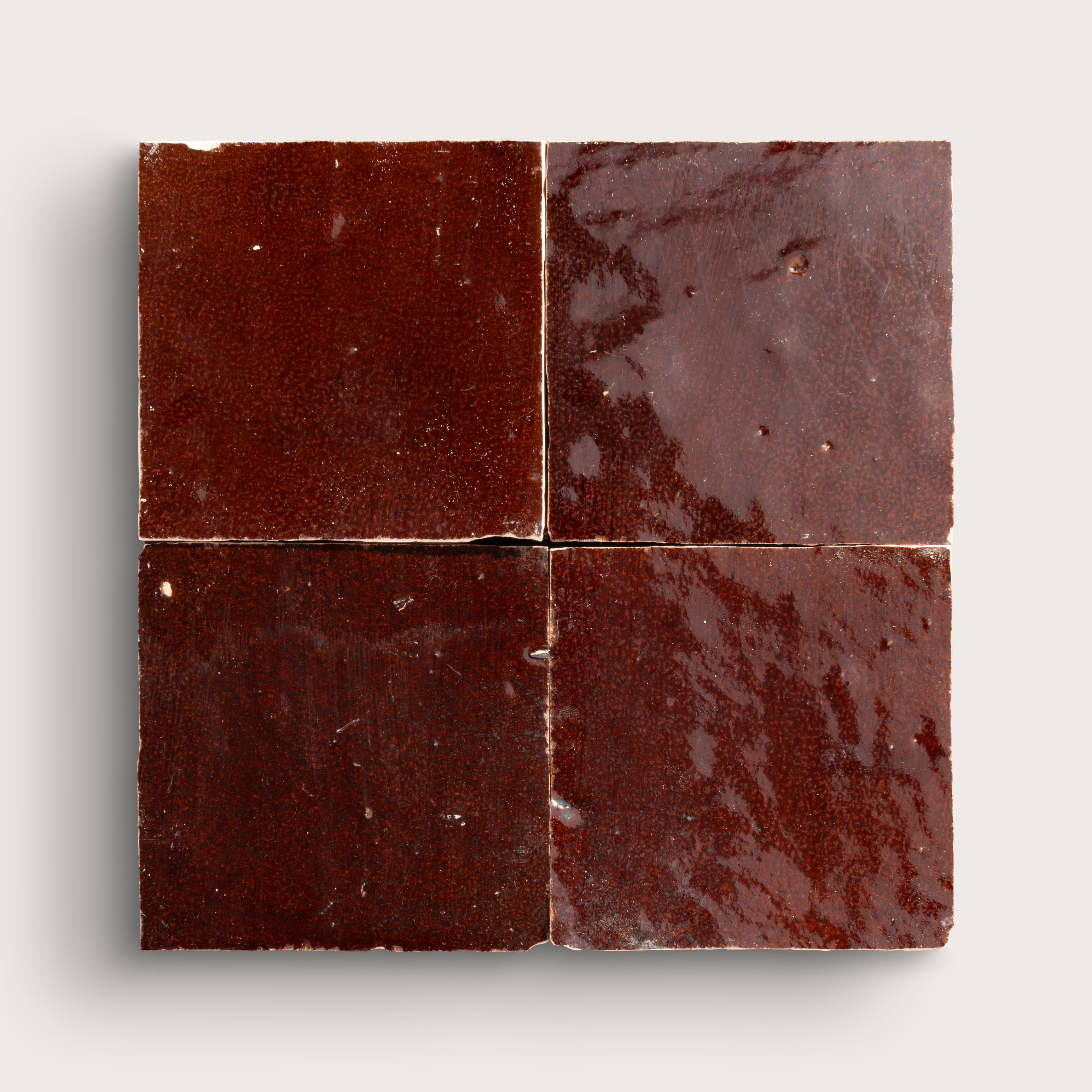 Square dark chocolate zellige tile, solid, gloss, collage of four - Riad Tile