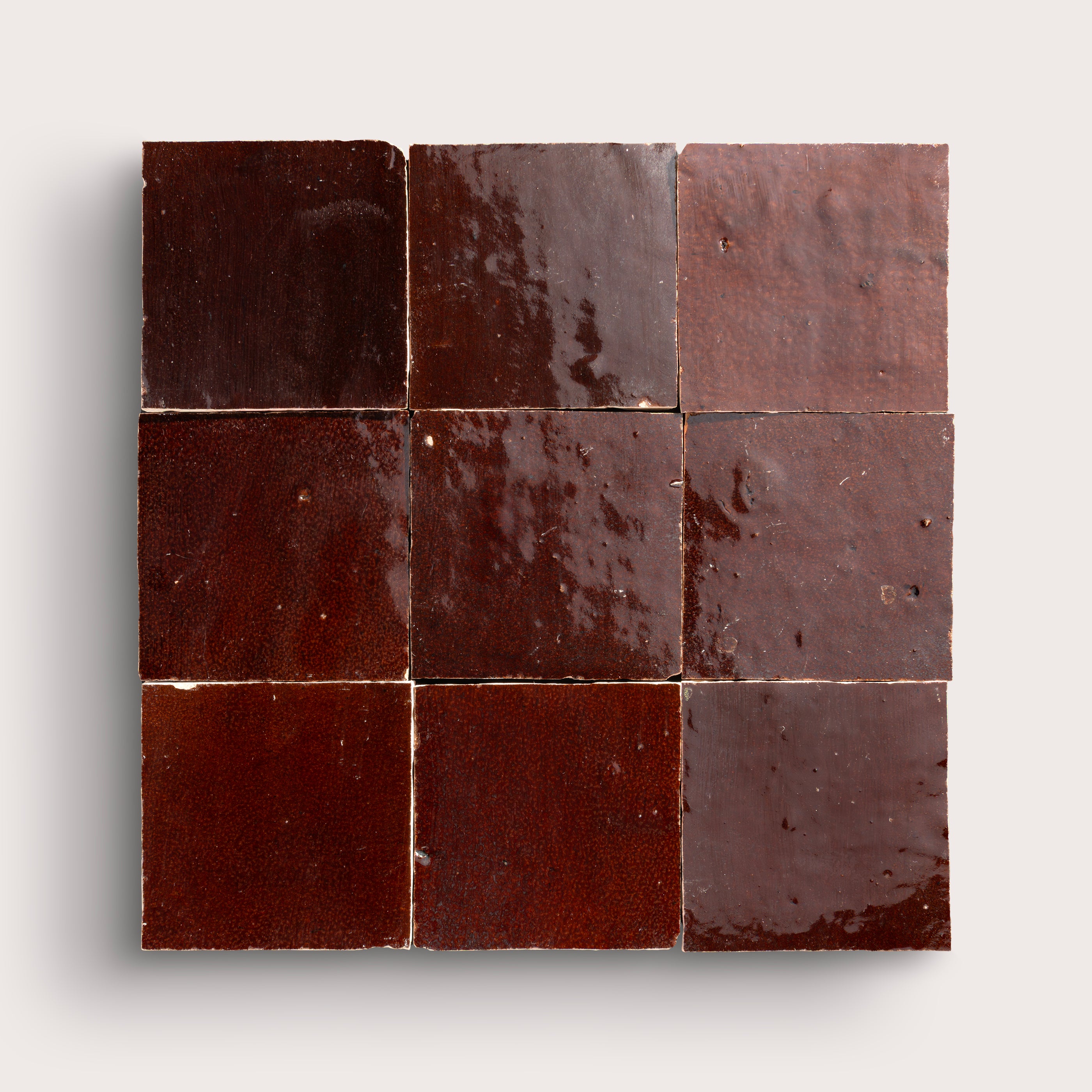 Square dark chocolate zellige tile, solid, gloss, collage of nine - Riad Tile