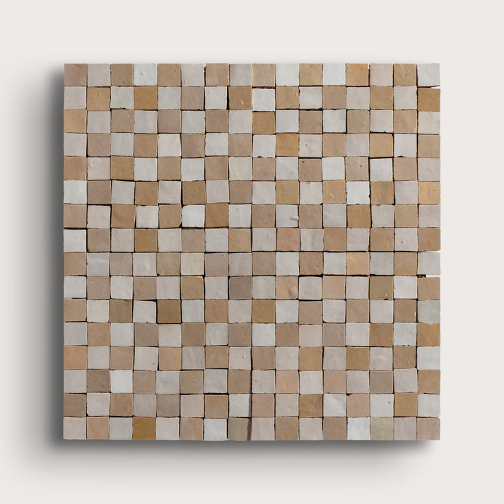 white and beige small square zellige checkerboard tile