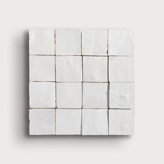snow white square zellige tile on a light grey background
