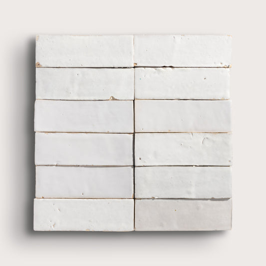 snow white rectangle zellige tile on a light grey background