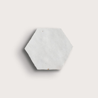 snow white hexagon zellige tile on a light grey background
