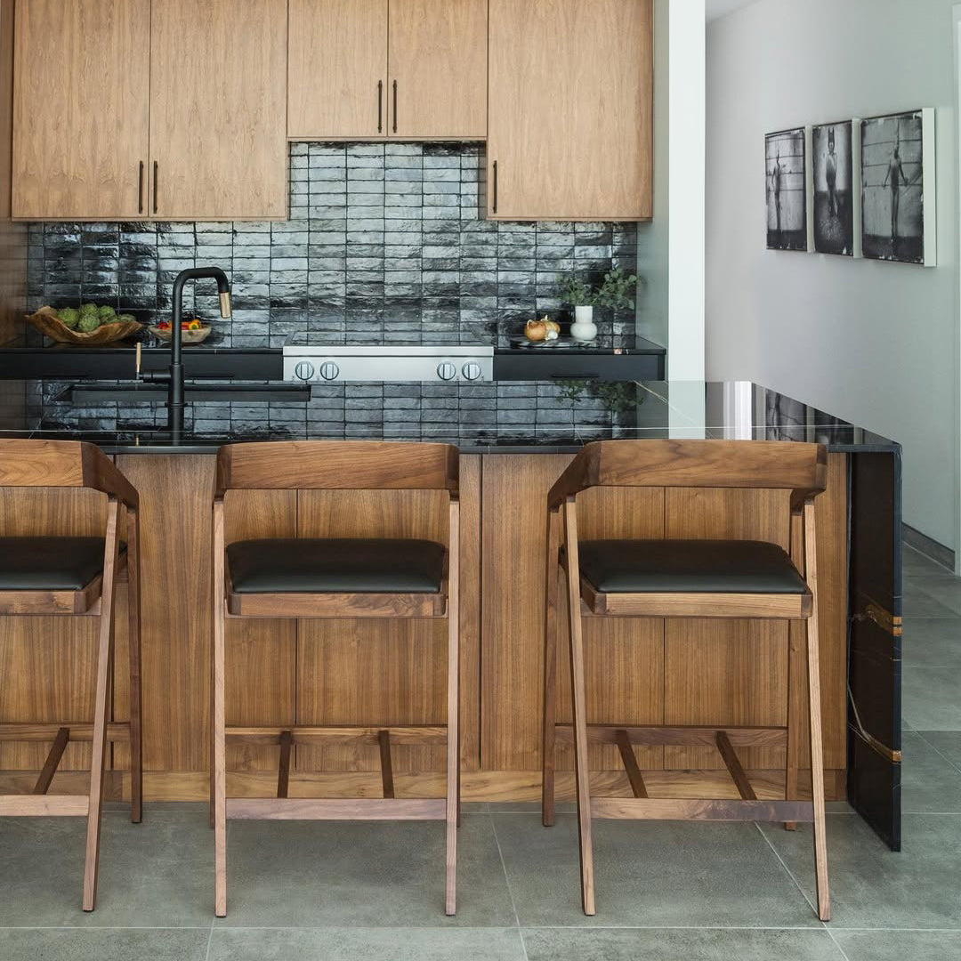 Black 2x6 Thin Bejmat Zellige Tile-Solids, installed as backsplash in modern kitchen Tile-Riad Tile