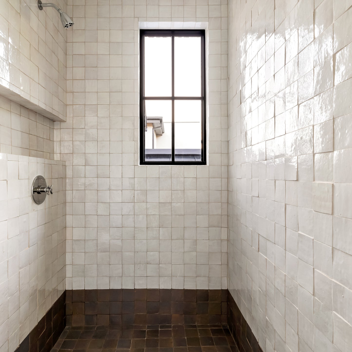 white and grey square zellige tile in shower