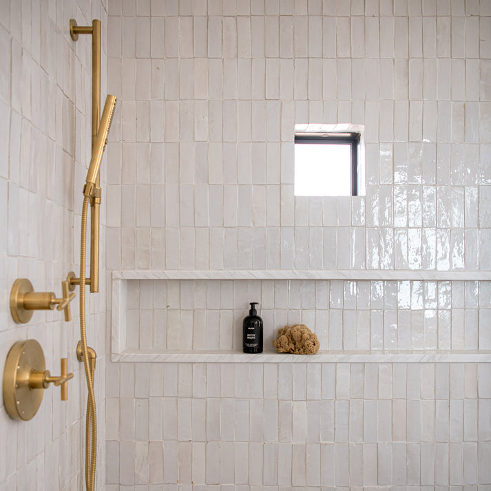 Snow White 2x6 Thin Bejmat Zellige Tile-Solids,Zellige Tile, installed on shower walls in bathroom-Riad Tile