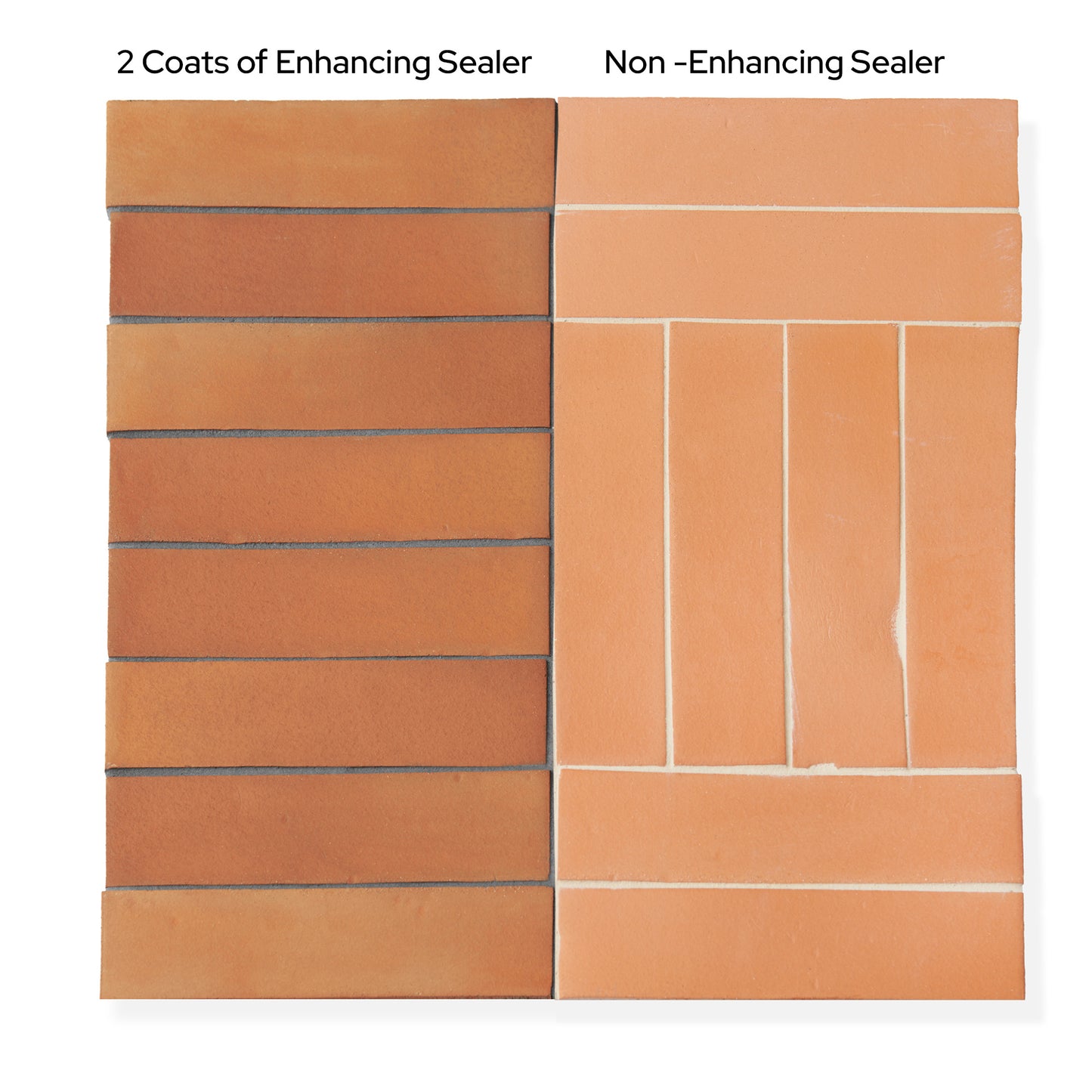 terracotta tile showing two different sealer options on white background