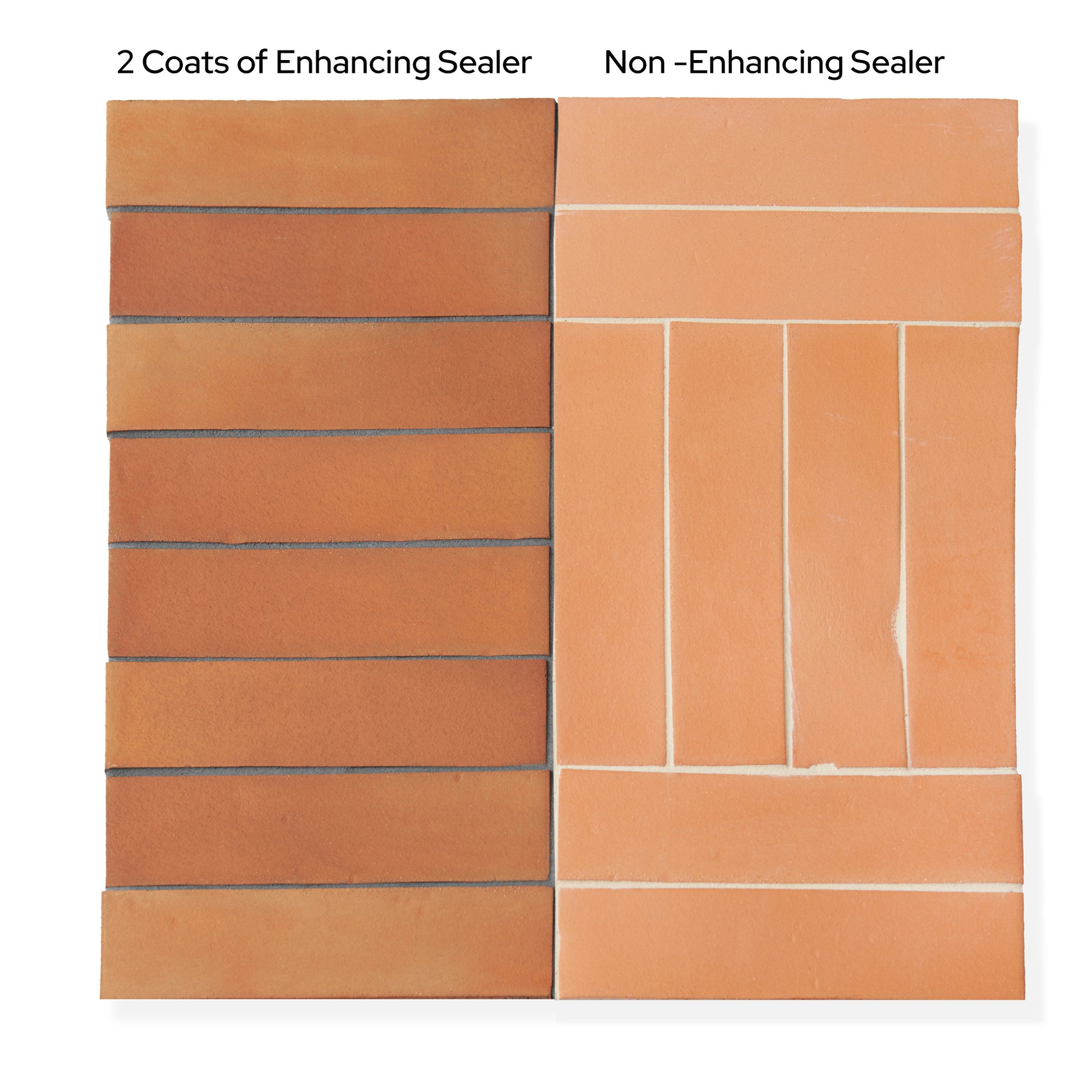 terracotta tile showing two different sealer options on white background