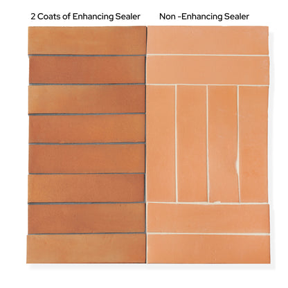 terracotta tile showing two different sealer options on white background