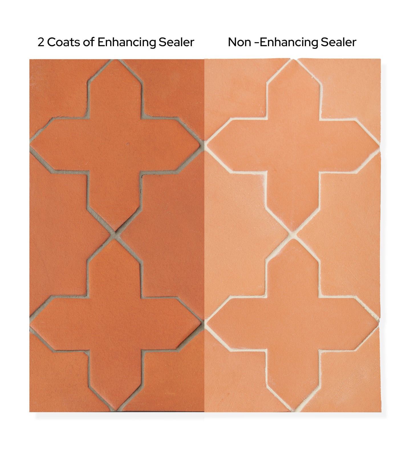 terracotta star and cross tile shown with two different types of sealer on a white background