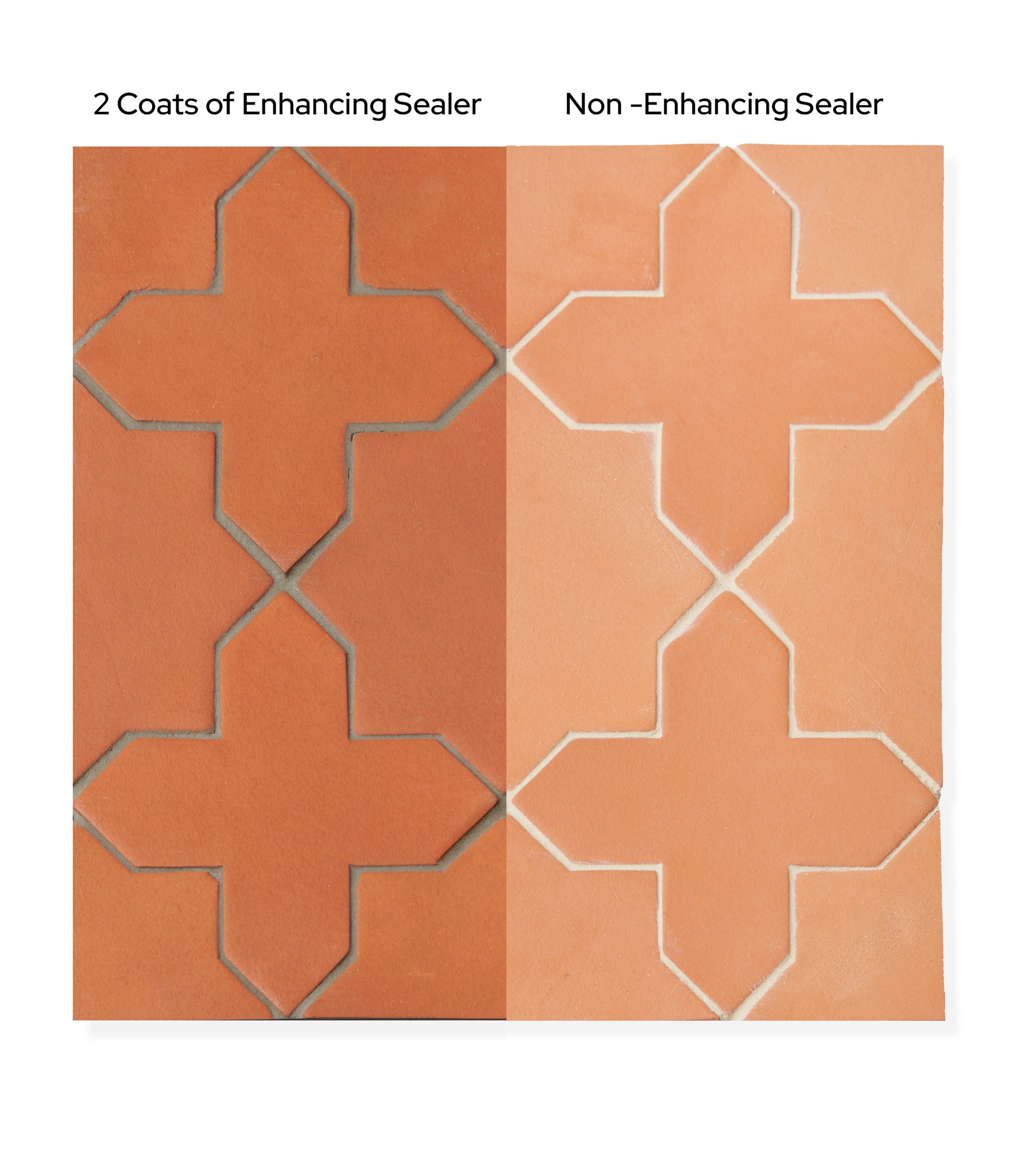 terracotta star and cross tile shown with two different types of sealer on a white background