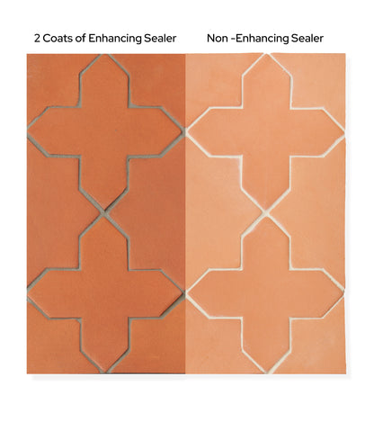 terracotta star and cross tile shown with two different types of sealer on a white background