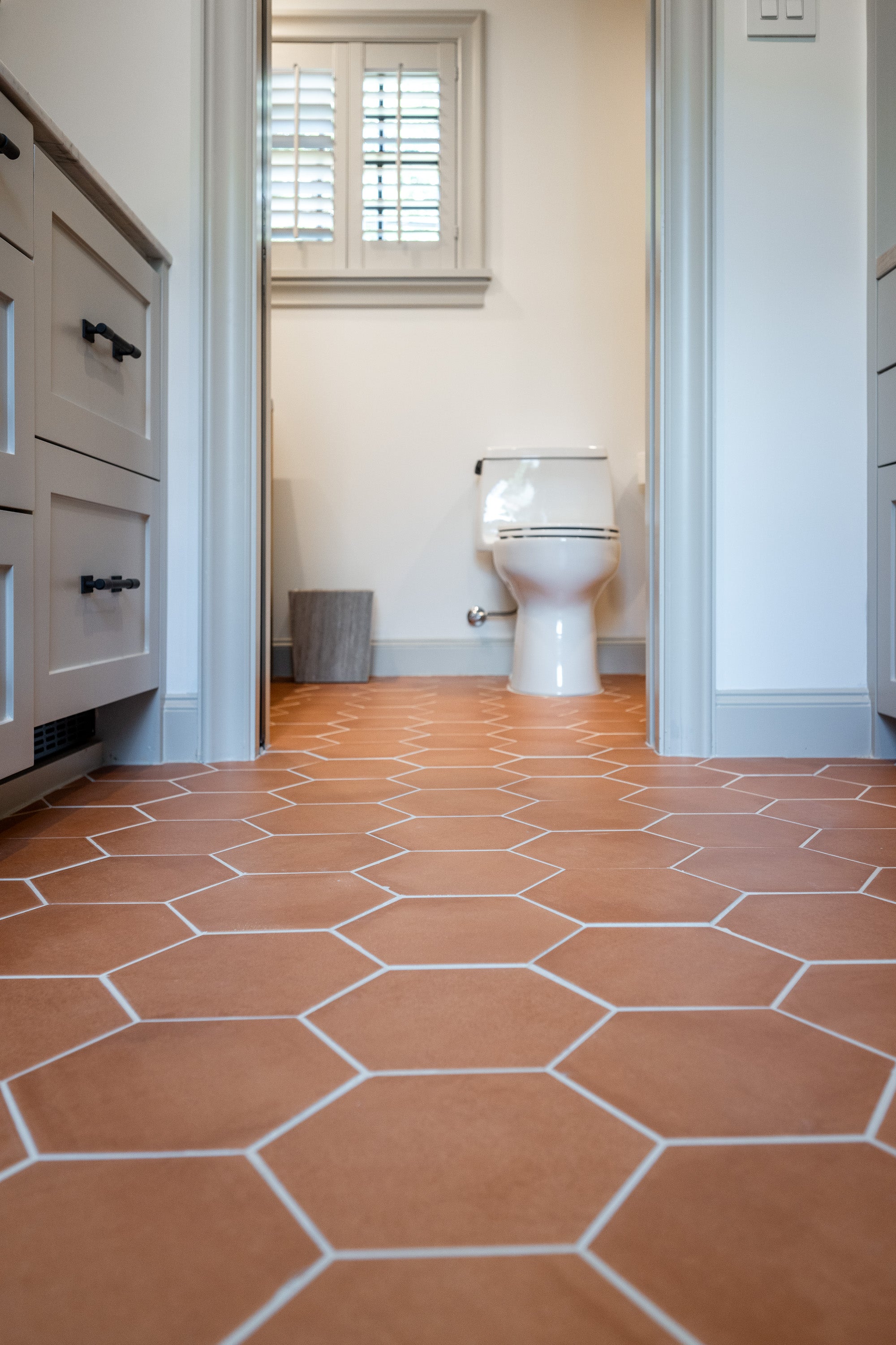 a bathroom floor with hexagonal terracotta tiles, leading to a white toilet