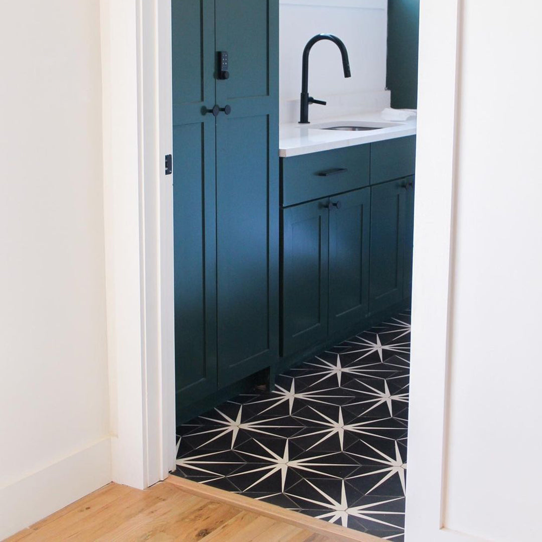 Trident Black Cement Tile-Patterns, installed in bathroom as floor tile-Riad Tile