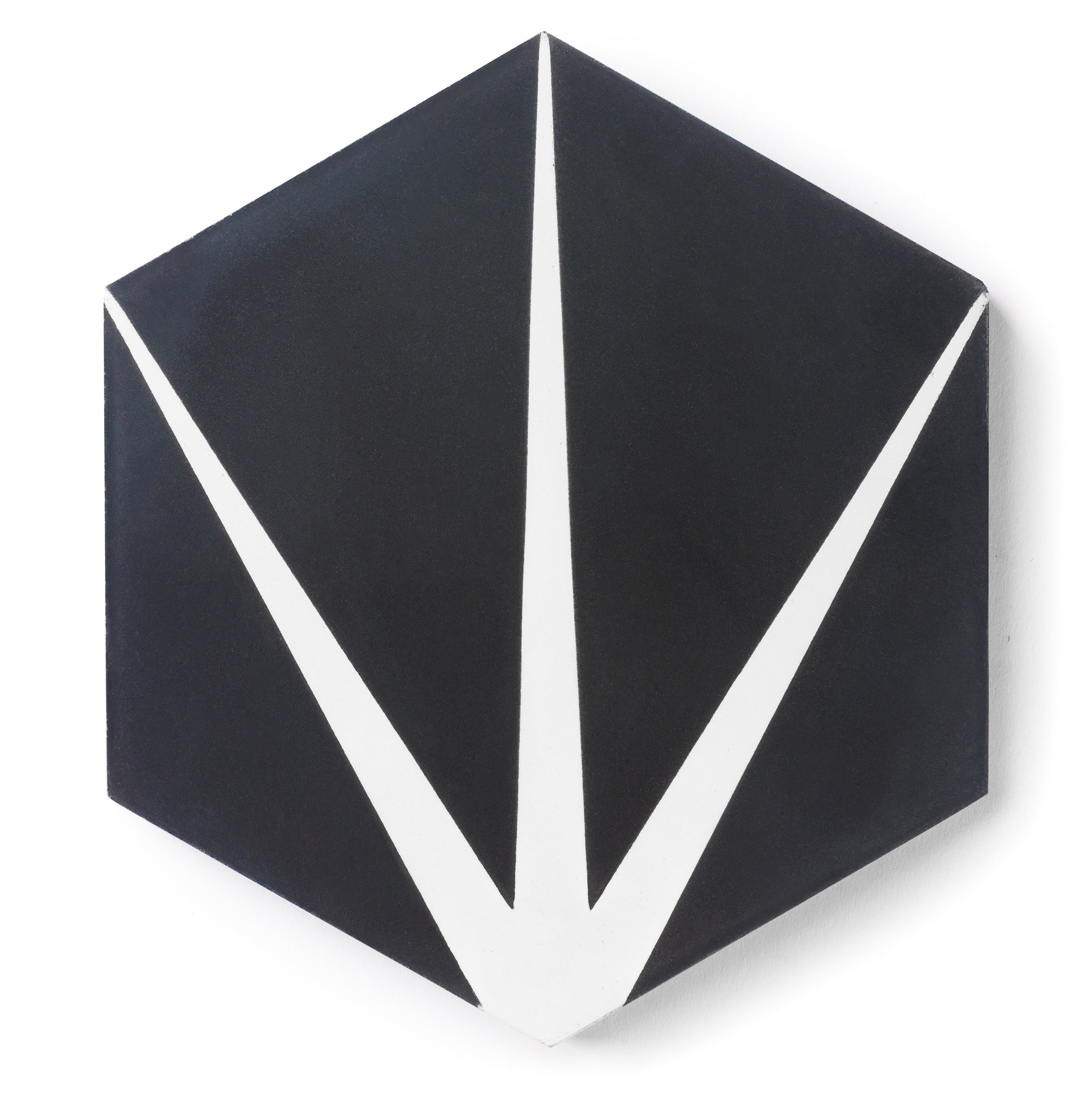 Hexagonal black tile with white geometric design on a white background. Riad Tile