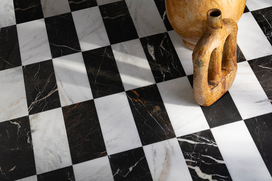 black and white marble in a checkerboard pattern on the floor