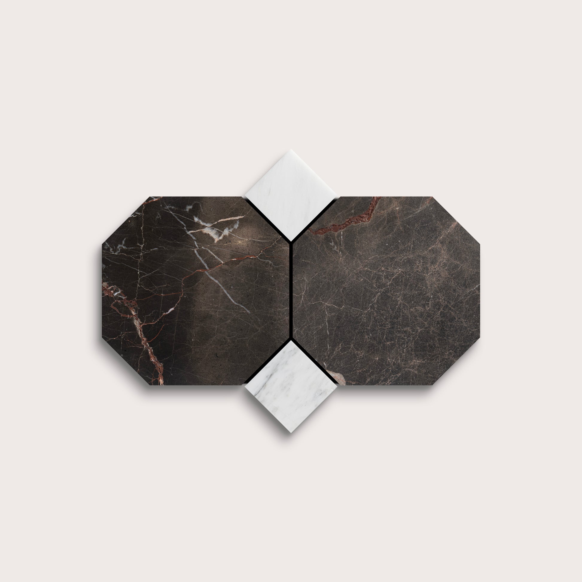 Hexagonal marble tiles with dark and white patterns on a light gray background