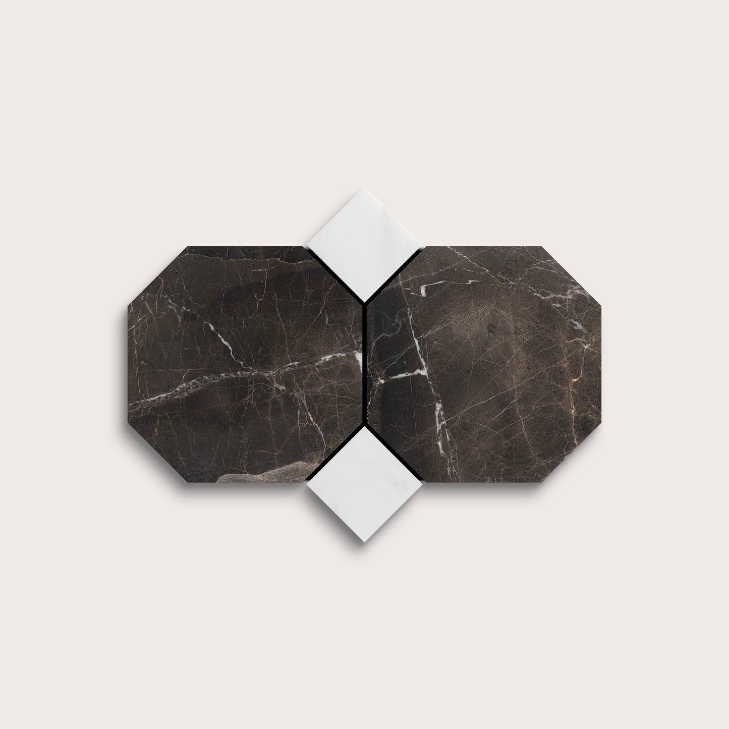Two dark marble hexagonal tiles on a light gray background