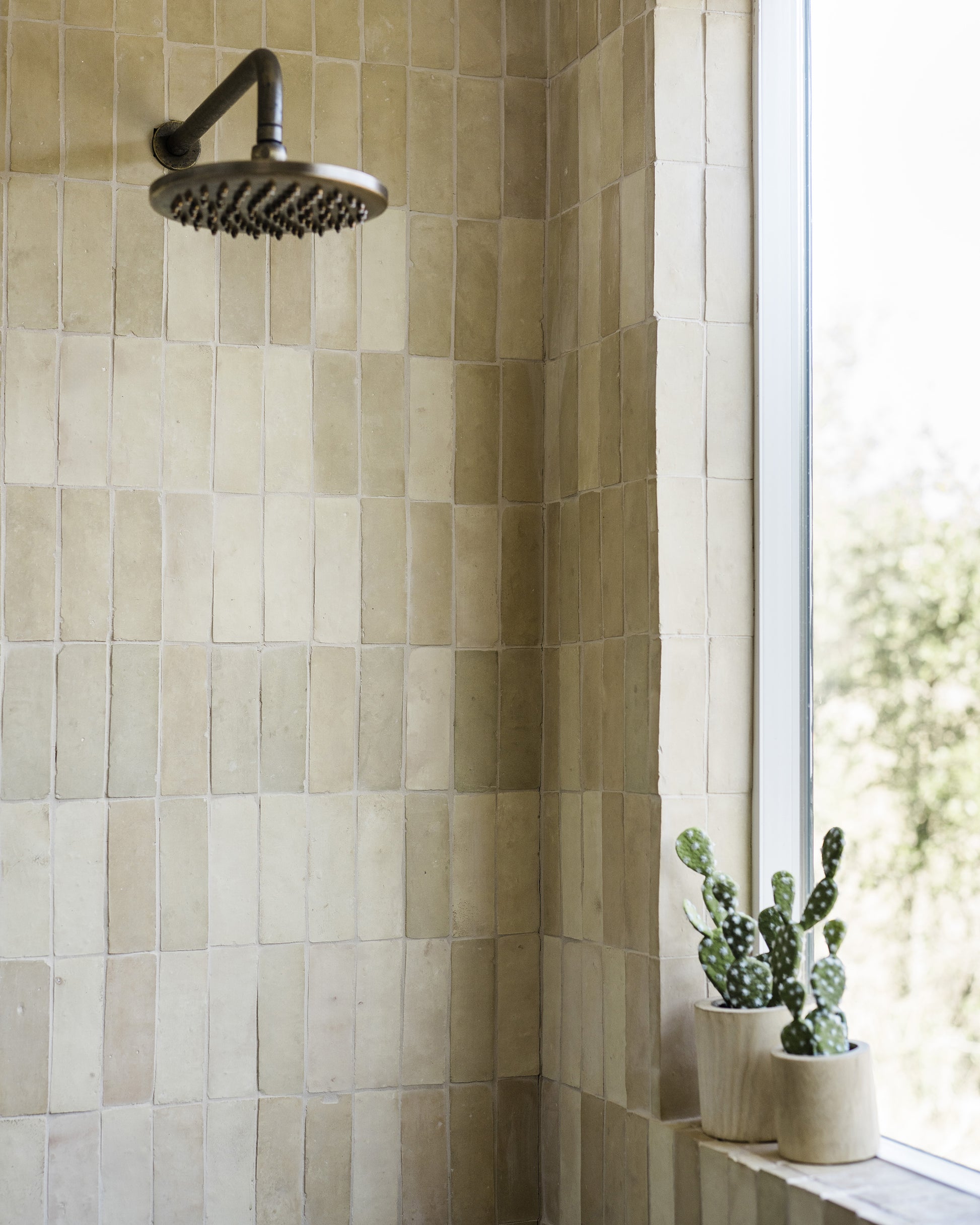 Unglazed Natural Terracotta 2x6 Thin Bejmat Zellige Tile-Solids,Zellige Tile, installed in shower-Riad Tile