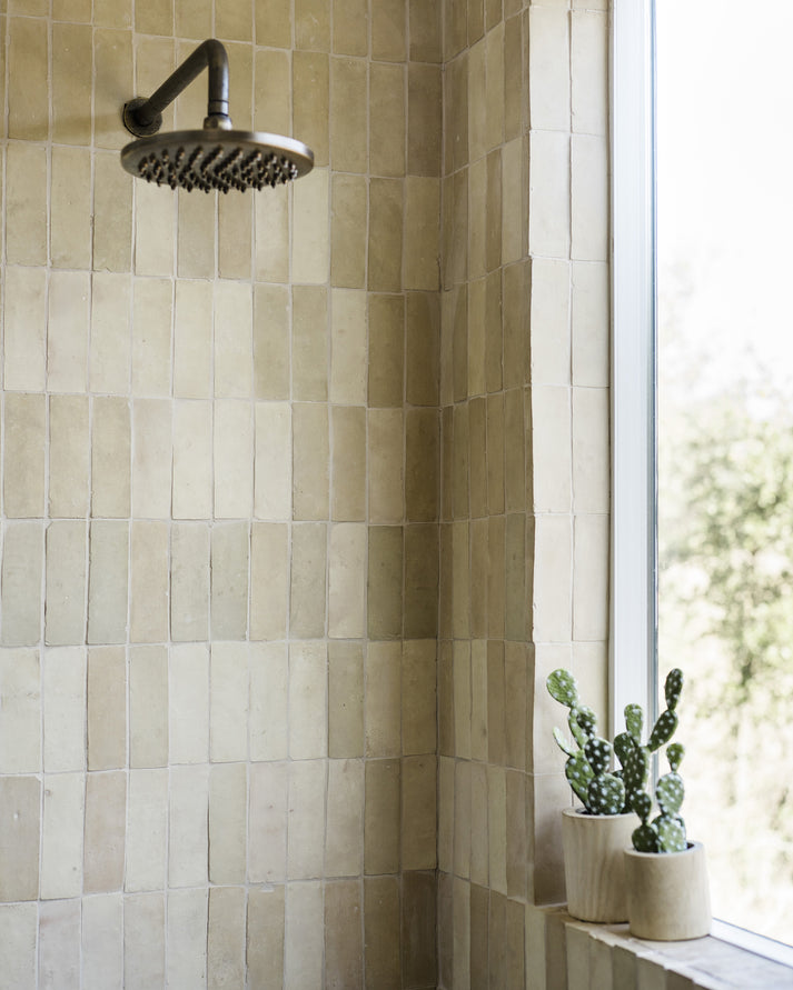 Unglazed Natural Terracotta 2x6 Thin Bejmat Zellige Tile-Solids,Zellige Tile, installed in shower-Riad Tile