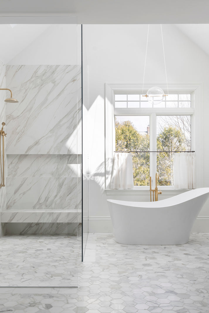 Calacatta Gold 5 Inch Hexagon Mosaic Marble Tile | Honed-Main Inventory-All Products,Natural Stone-Riad Tile