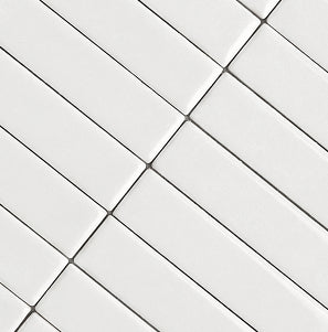 White rectangular subway tiles arranged in a diagonal grid pattern with thin dark grout lines.