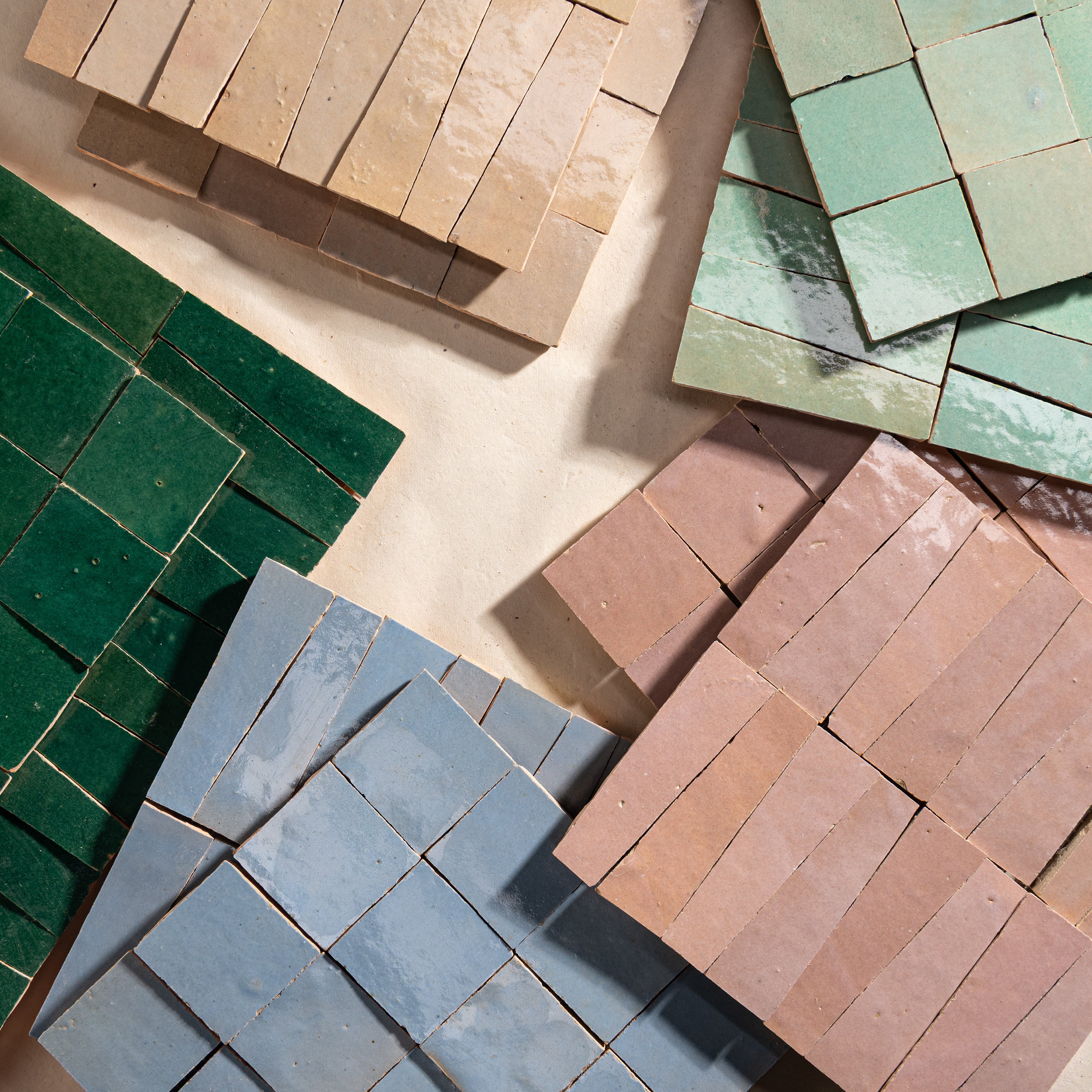 zellige mosaic tile in a collage of beige, green, blue, and pink