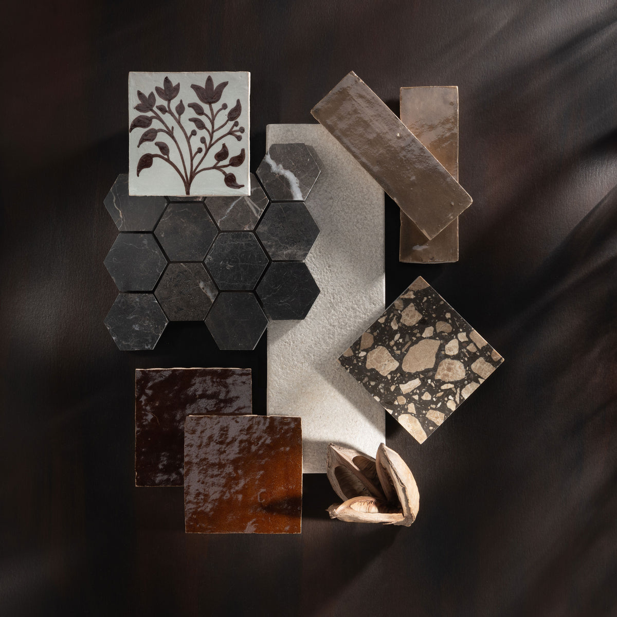 brown color palette mood board with zellige, marble, and limestone tile.
